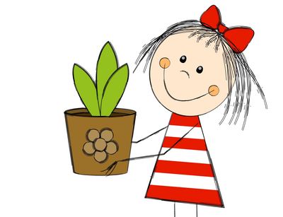 Illustration von einem Mädchen, das lächelt und eine grüne Pflanze in seiner Hand hält. 