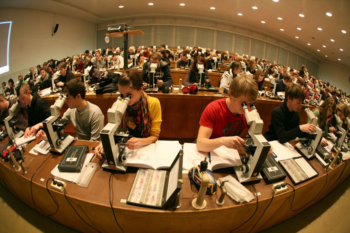 enlarge the image: Foto: Studierende sitzen in einem vollem Hörsaal an den Mikroskopen und arbeiten 