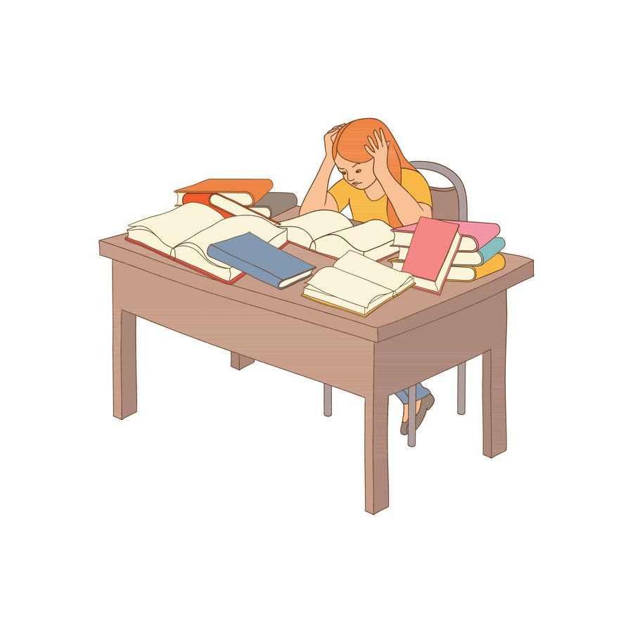 enlarge the image: Illustration of a person sitting at a desk with chaotically arranged books.