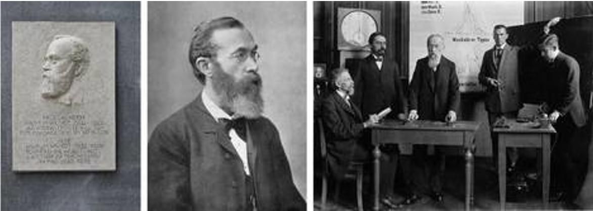 enlarge the image: From left: Wundt memorial, unveiled during the 50th Congress of the DGPs (artist: Markus Gläser), (b) portrait of Wilhelm Wundt (dated about 1902), (c) photograph of Wilhelm Wundt (middle) acting as a participant in an experiment (dated abot 1908).