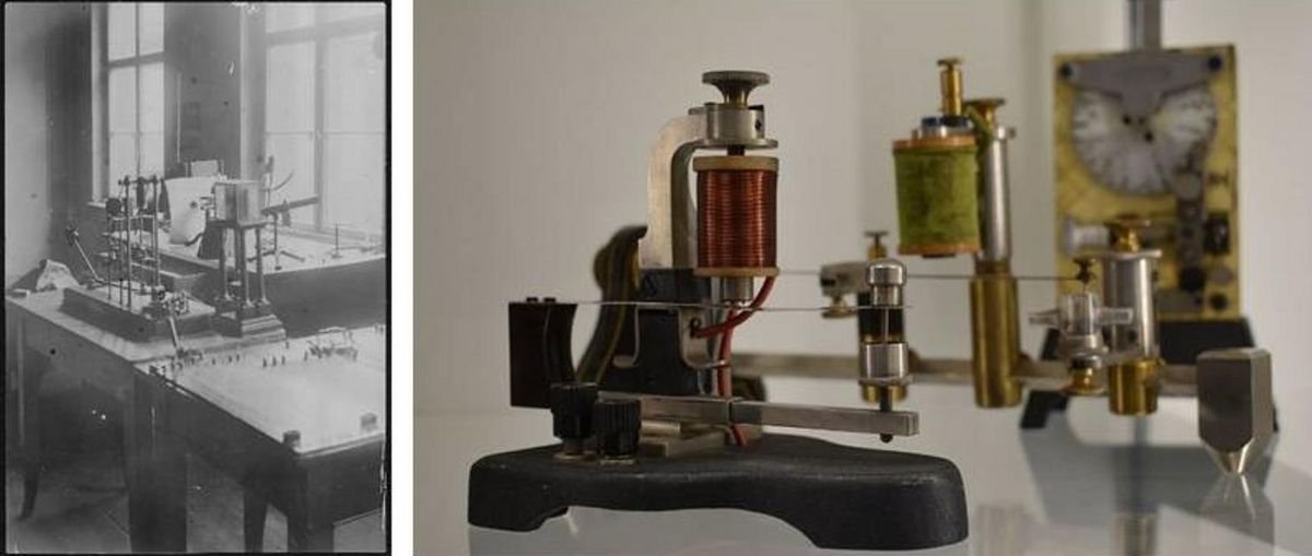 enlarge the image: Photograph from about 1900 of some apparatus set up for an experiment in Wundt's laboratory (left, source: collection of the Institute of Psychology - Wilhelm Wundt, Leipzig University) and photograph from the Wilhelm-Wundt-Room (right, source: Jörg D. Jescheniak, 2020).