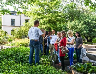 Dr. Martin Freiberg führt eine Gruppe ehemaliger Studierender durch den Botanischen Garten Leipzig, Foto: Wolfgang Teschner