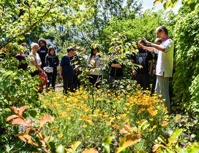 Besuchergruppe während einer Führung durch den Botanischen Garten mit Dr. Martin Freiberg.