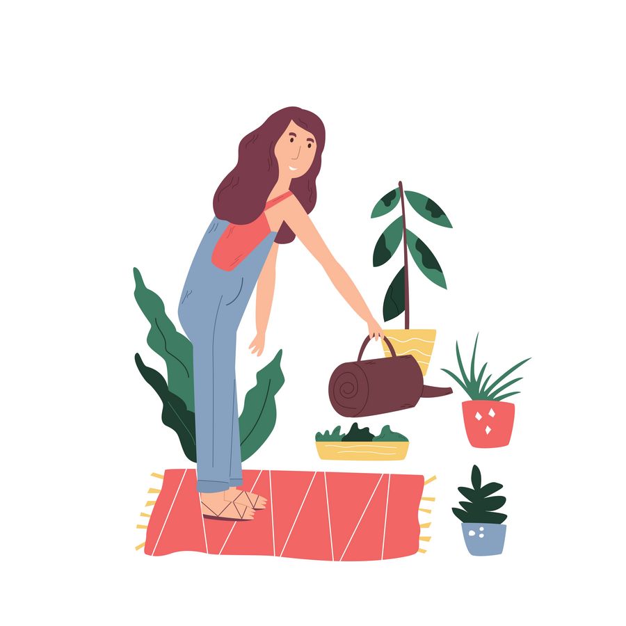 zur Vergrößerungsansicht des Bildes: Illustration von einem Mädchen, das seine Zimmerpflanzen gießt.
