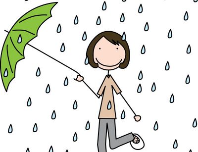 Illustration of a girl standing in the rain with a green umbrella in her hand. 