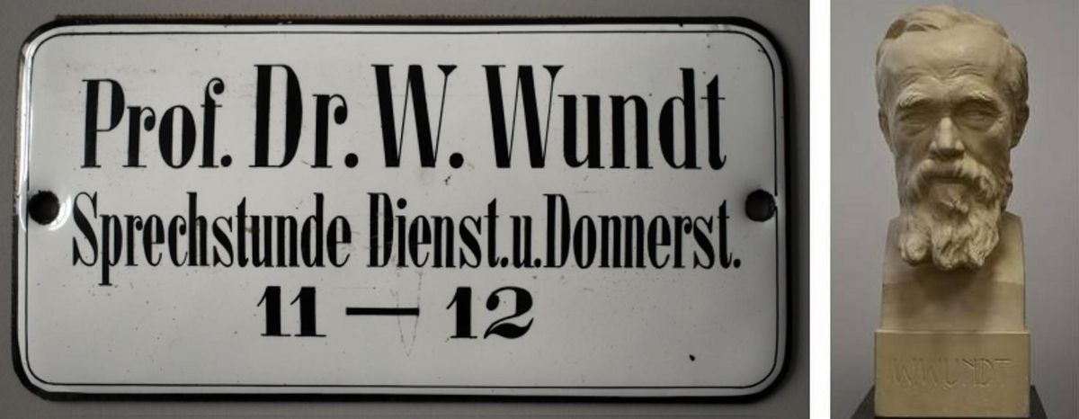 Dieses Bild zeigt 2 Fotografien: Auf der linken Seite ist das Schild von Wundts Bürotür, auf dem seine Sprechzeiten für Studenten angegeben sind (Dienstag und Donnerstag, 11 – 12 Uhr). Auf der rechten Seite ist eine Büste Wundts von Felix Pfeifer, 1900.