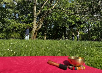 Entspannung im Palmengarten Leipzig mit Klangschale und Yogamatte.