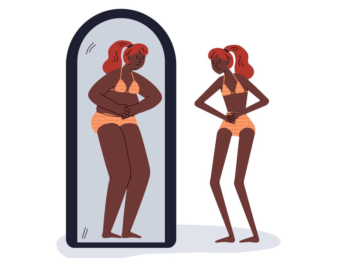 Illustration of slim woman in front of the mirror showing her more weight.