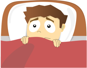 Illustration of a boy lying in bed and holding his bedspread with an anxious expression on his face.